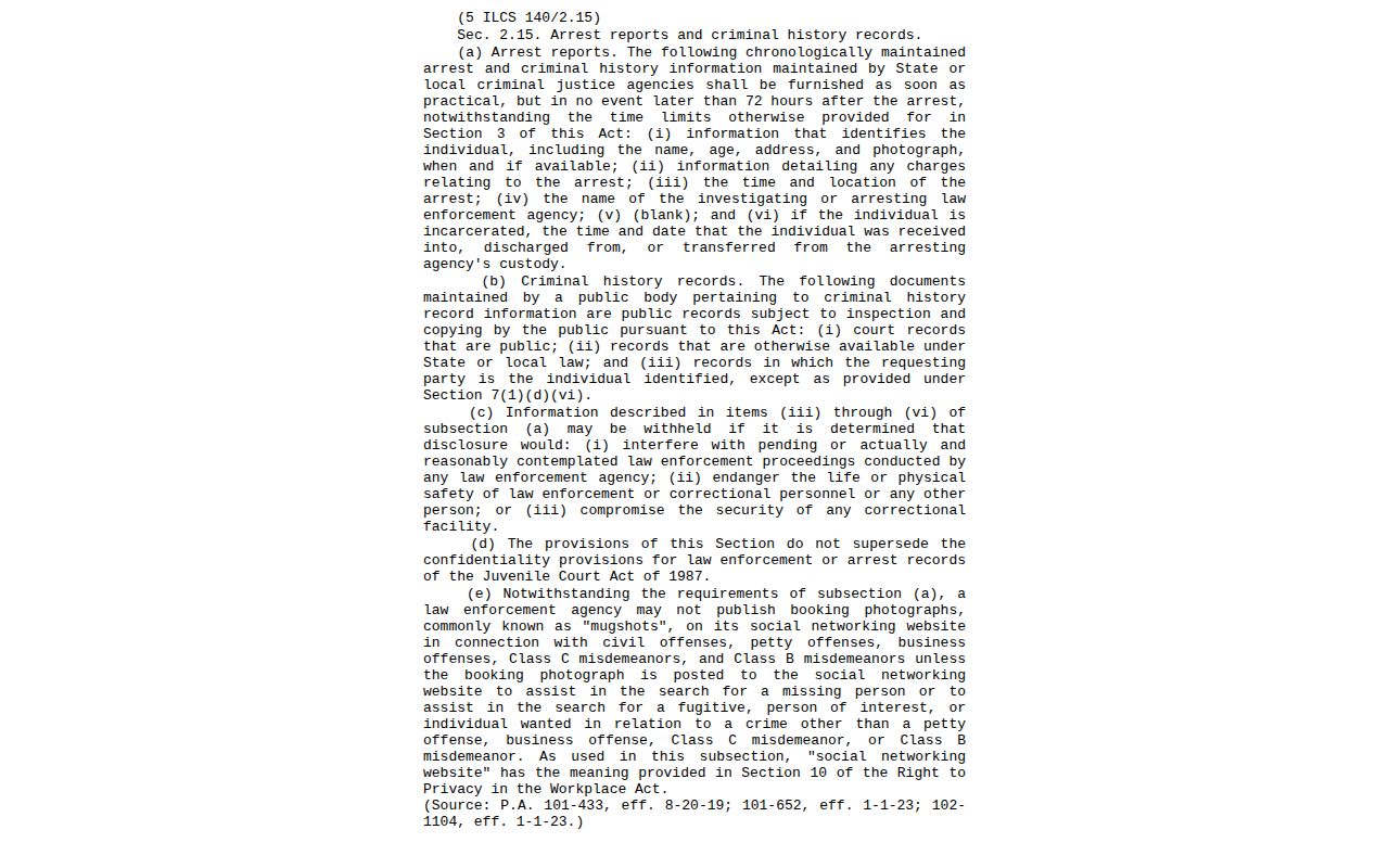 Illinois FOIA arrest information provision covering discharge and transfer times