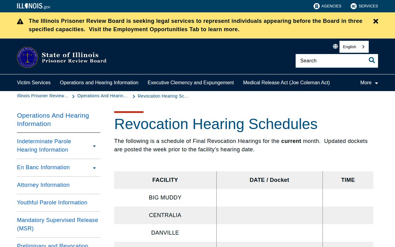 Illinois Prisoner Review Board revocation hearing schedule page